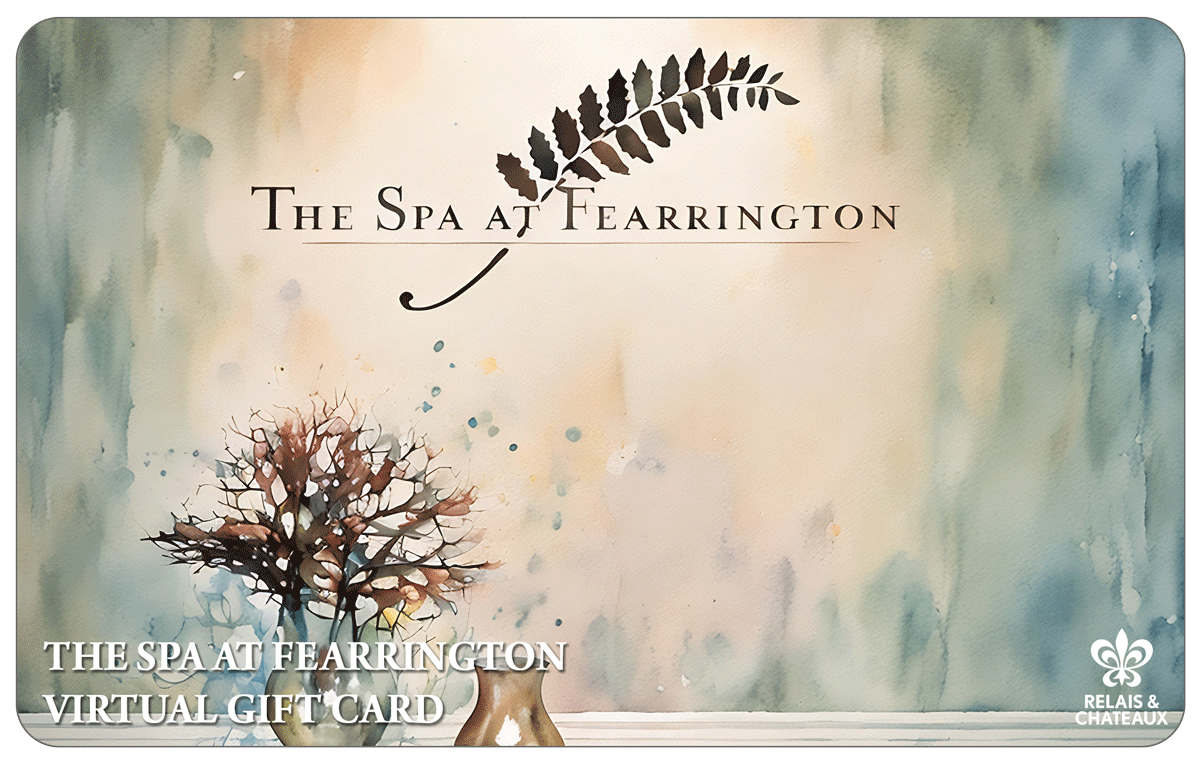 A gift card for The Spa at Fearrington features a watercolor background with a small tree in a vase and a fern leaf above the spa’s name. The Relais & Châteaux logo is in the lower right corner.