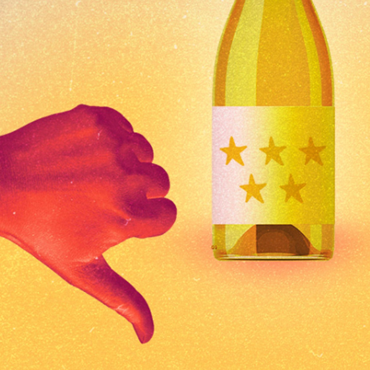 A red hand gives a thumbs down next to a yellow bottle with a white label displaying five stars, set against a yellow-orange background.