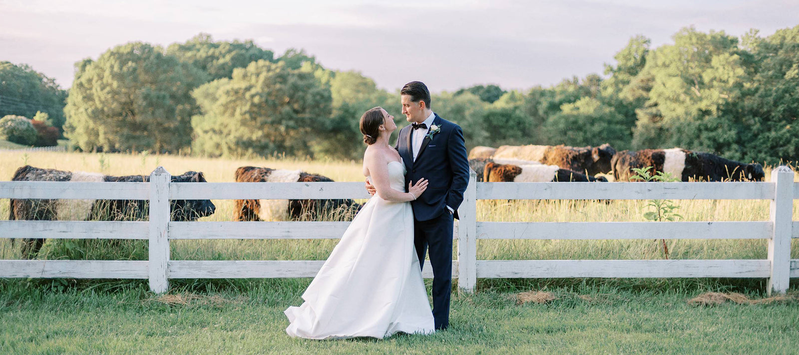A bride and groom stand facing each other, smiling, in front of a white fence with grazing cows in a green field and trees in the background under a partly cloudy sky.