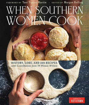 The cookbook cover titled "When Southern Women Cook Luncheon" by FEARRINGTON VILLAGE showcases hands preparing biscuits. One hand holds a biscuit cutter, while the other holds a bowl of biscuits, butter, and jam. The text details include the foreword by Toni Tipton-Martin and editing by Morgan Bolling from America's Test Kitchen.