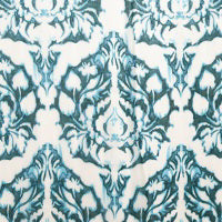 The KINROSS CASHMERE - MEDALLION PRINT SCARF by KINROSS hangs against a plain white background. This luxurious scarf showcases an intricate blue and white floral and scroll medallion pattern with a gradient effect, transitioning from dark blue at the bottom to lighter shades toward the top. The edges are delicately frayed.