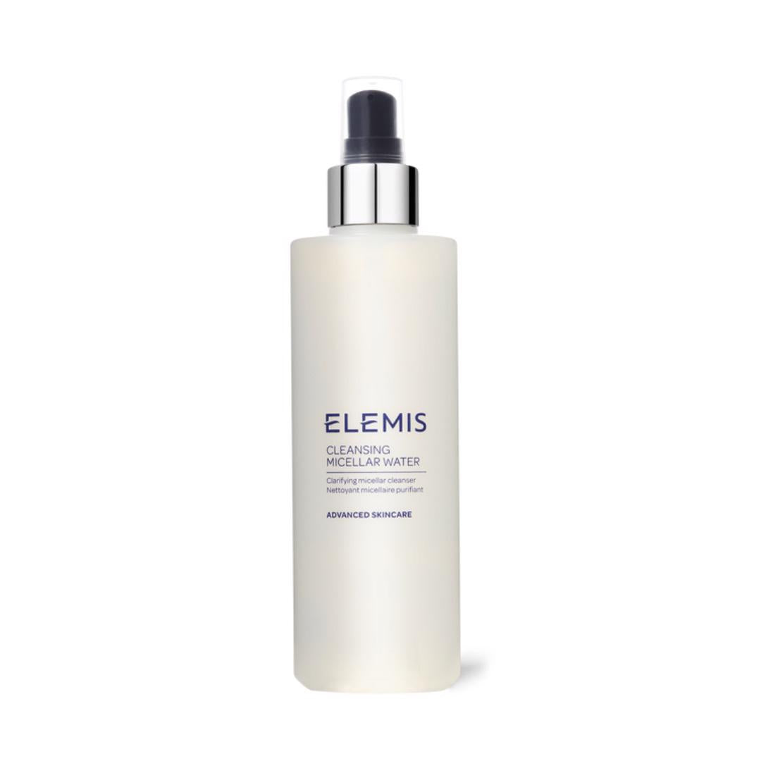A white cylindrical bottle of ELEMIS - CLEANSING MICELLAR WATER by ELEMIS - STEINER, featuring a silver and black pump dispenser. The label reads &quot;Elemis Clarifying Micellar Water,&quot; highlighting its purifying formula and natural surfactants, as part of the advanced skincare range.