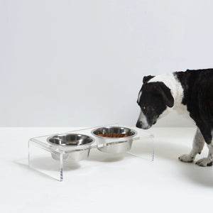 The HIDDEN ELEVATED PET FEEDER 1 QUART (CLEAR) features a clear acrylic stand with four curved legs, elevating two lead-free stainless steel bowls to an ideal height. This minimalist design enhances both style and practicality for your pets, set against a plain light gray surface.