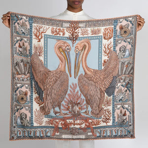SABINA SAVAGE - THE PELICANS AND THE SEA IN SILK TWILL, CORAL/SALT 90CM