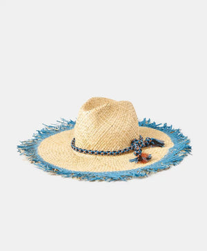 Introducing the TALLULAH RAFIA SUMMER HAT by MOMONI: This exquisite natural raffia hat boasts a wide, fringed brim with a distinctive frayed blue edge. Adorned with an elegant blue and white chenille and lurex hatband tied around the base of the crown and accented by a delicate tassel, this hat is showcased against a plain white background.