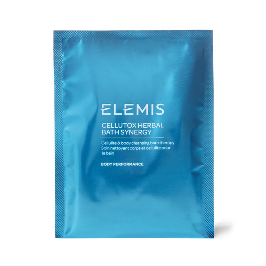 A glossy blue packet labeled &quot;ELEMIS - CELLUTOX HERBAL BATH&quot; from the brand ELEMIS - STEINER, containing a cellulite and body cleansing bath therapy enriched with essential oils. The text describes its benefits, while additional information is provided in smaller font below the product name.