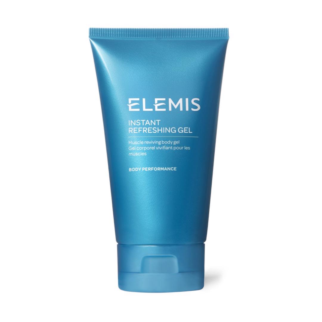 A blue tube of ELEMIS - INSTANT REFRESHING GEL, a soothing Arnica muscle reviving body gel. The front of the tube displays the brand name &quot;ELEMIS - STEINER&quot; with &quot;Body Performance&quot; below the product name. The cap is also blue.