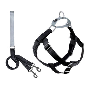 On the right is a 2 HOUNDS DESIGN NO PULL HARNESS LEASH (XS, BLACK), featuring adjustable straps and stainless steel hardware. To the left, there is a coordinating black and gray leash with two metal hooks at one end and a looped handle, lined with Swiss velvet for added comfort.