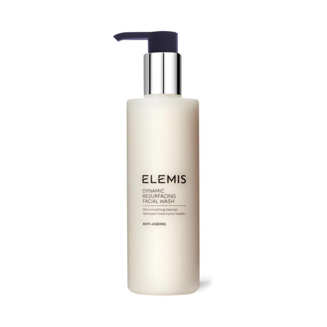 The ELEMIS - STEINER Dynamic Resurfacing Facial Wash 200ML is displayed. This ivory-colored bottle with a black pump top and silver detailing features Tri-Enzyme Technology, making it an ideal enzyme gel cleanser for skin-smoothing and anti-aging benefits.