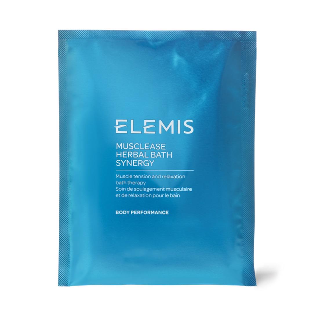 A blue, single-use sachet labeled &quot;ELEMIS - MUSCLEASE HERBAL BATH SYNERGY,&quot; designed for muscle tension and post-fitness relaxation. The packaging, featuring both English and French descriptions of &quot;Body Performance,&quot; offers a comprehensive calming bath therapy experience from the brand ELEMIS - STEINER.