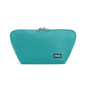 The KUSSHI Signature Makeup Bag in Sea Green is a stylish teal zippered bag with a slightly flared shape. It features a top zipper with two gold-tone pull tabs and a small black rectangular patch on the front displaying the brand name "KUSSHI" in white lettering. Inside, you'll find roomy compartments for all your essentials, and it's machine washable for easy care.