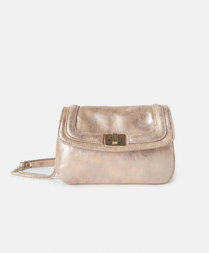 A boutique MIMI FLORE Bag from MOMONI, this small metallic beige clutch features a structured flap and a gold-tone clasp. The matching beige strap, partially visible on the left side, complements its refined style. Crafted from high-quality leather with a smooth, slightly textured surface, this elegant piece is proudly Made in Italy.